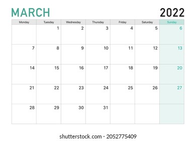 2022 March illustration vector desk calendar weeks start on Monday in light green and white theme