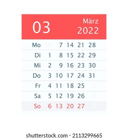 2022 March Month Calendar. Germany version. Flat design. Isolated on white.