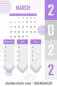 2022 march month calendar planner design. Easy to edit with vector file. Can use for your creative content. Especially for your next year calendar.