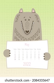2022 may calendar, cute wolf dog animal holding a monthly calendar sheet, hand drawn childish style