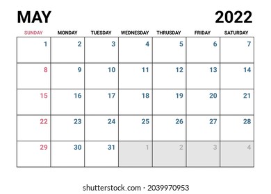 2022 May Calendar Vector illustration