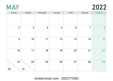 2022 May illustration vector desk calendar weeks start on Monday in light green and white theme