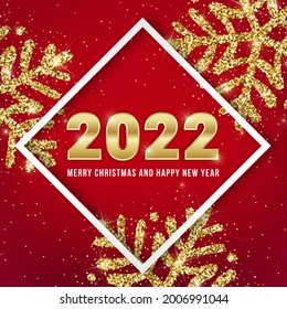 2022 Merry Christmas and Happy New Year greeting card design with shiny golden numbers and gold glitter snowflakes on red square background. Vector illustration for web, xmas banner, social media.