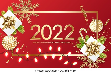 2022 Merry Christmas and Happy New Year banner with gift boxes, golden glitter snowflakes, balls, fir tree, garland, candys and confetti on red background. Vector ilustration.