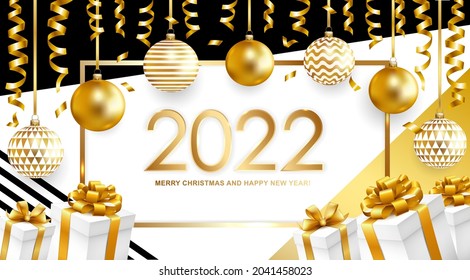 2022 Merry Christmas and Happy New Year card with balls, gifts and serpentine on geometric background. Vector illustration.