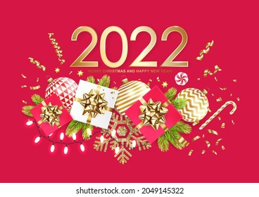 2022 Merry Christmas and Happy New Year banner with gift boxes, golden glitter snowflake, fir tree, sweets, balls, garland and confetti on red background. Vector ilustration.