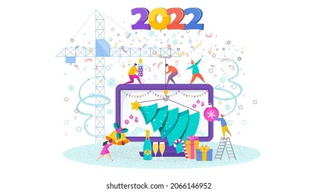 2022 Merry Christmas and Happy New Year illustration card with people. People are dragging a Christmas tree onto the monitor screen. Flyer, booklet, brochure, and website.