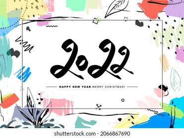 2022 Merry Christmas and Happy New Year card or background. 
Creative universal floral artistic cover in trendy style with Hand Drawn textures. 
