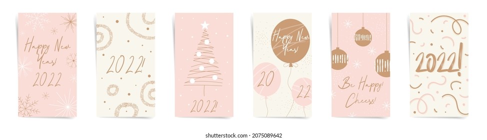 2022 Merry Christmas And Happy New Year Stories Design Template Set. Story Geometric Layout For Promo Greeting Card Design For Winter Holidays. Beige And Pink Elegant Cute Social Post Posters Set.