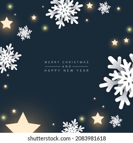 2022 Merry Christmas and Happy New Year holiday banner card with snowflake and gold stars decoration on dark blue background