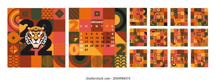 2022 Monthly Wall Calendar with 12 month on geometric background with tiger's face as new year symbol. Week starts on Sunday.Template design for organizer and planner in new year.Vector illustration.