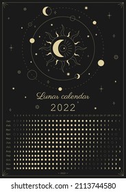 2022 Moon calendar. Astrological calendar design. Moon phase cycle. Modern boho moon calendar poster template design. Lunar phases schedule and cycles. Vector vintage illustration. Editable A3, A4, A5