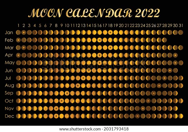 2022 Moon calendar. Astrological calendar\
design. planner. Place for stickers. Month cycle planner mockup.\
Isolated black and golden\
background.