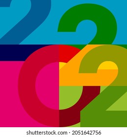 2022 - Multi-colored square card with a modern graphic design of the numbers of the new year. 