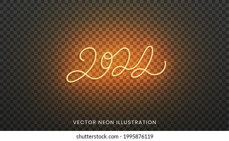 2022 neon lettering. Bright orange sign for New Year 2022