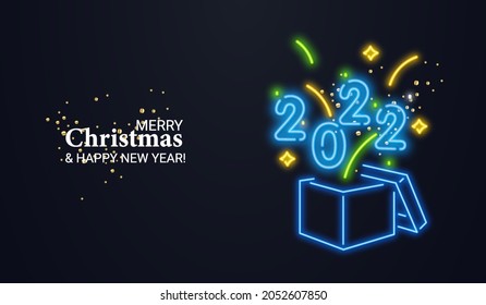 2022 neon long vector banner. Blue neon numbers fly out of the box on a dark background. A festive icon of the new year, a bright banner for your advertising. Vector