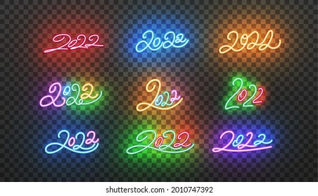 2022 neon numbers set. Bright lettering script numbers for New Year 2022