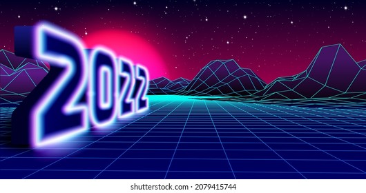 2022 neon sign for 80s styled retro New Years Eve celebration with arcade game grid landscape and purple sun.