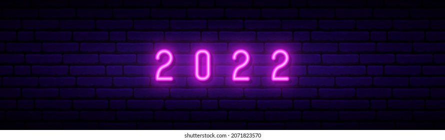 2022 neon sign. Glowing pink number 2022 on dark brick wall background. Happy New Year neon signboard. Stock vector illustration.