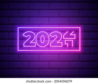 2022 neon signboard. Happy New Year. Realistic pink neon numbers on dark brick wall. Vector 2022 in neon linear style