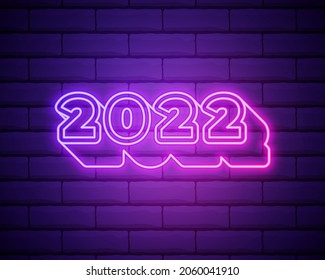 2022 neon signboard. Happy New Year. Realistic pink neon numbers on dark brick wall. Vector 2022 in neon linear style