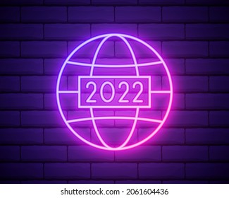 2022 neon signboard. Happy New Year. Realistic pink neon numbers on dark brick wall. Vector 2022 in neon linear style