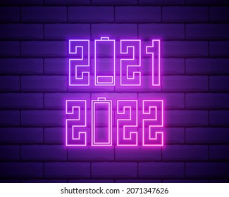 2022 neon signboard. Happy New Year. Realistic pink neon numbers on dark brick wall. Vector 2022 in neon linear style.