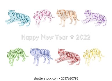 2022 New Year’s card. Tigers and colorful Japanese pattern design. Vector illustration. White background.