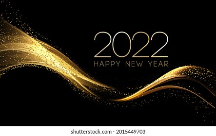 2022 New year with Abstract shiny color gold wave design element and glitter effect on dark background. For Calendar, poster design