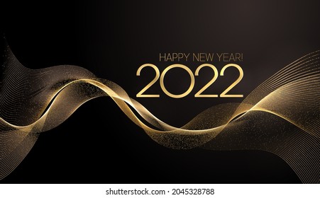 2022 New year with Abstract shiny color gold wave design element and glitter effect on dark background. For Calendar, poster design