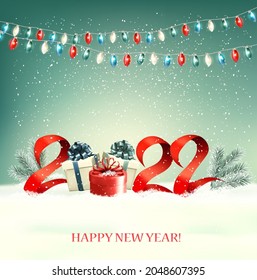 2022 New Year background with gift boxes and colorful garland. Vector.
