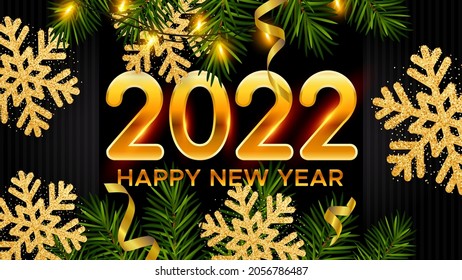 2022 New Year background with golden numbers 2022, realistic pine branches, glitter gold snowflakes, luminous garland and tinsel. New Years and Christmas holiday event party decor