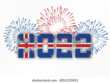 2022 new year background with national flag of Iceland and fireworks