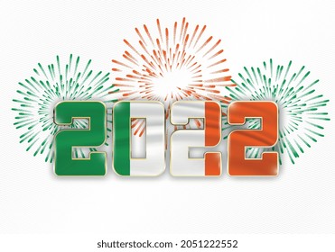 2022 new year background with national flag of Ireland and fireworks