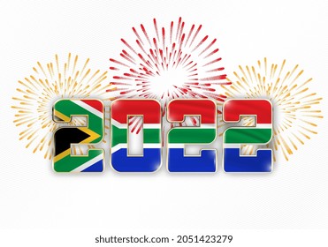 2022 New Year background with national flag of South africa and fireworks