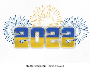 2022 New Year background with national flag of Ukraine and fireworks