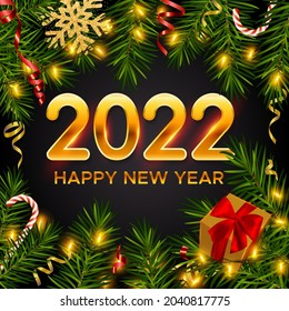 2022 New Year background with realistic pine branches, shining garlands, gifts box, candy canes, serpentine, glitter gold snowflake. New Years and Christmas holiday event party decor