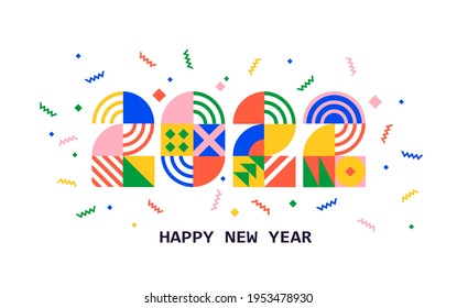 2022 New Year banner with numbers from simple geometric shapes and figures inside confetti. Template for greeting card, invitation, poster, flyer, web.Vector illustration isolated on white background.