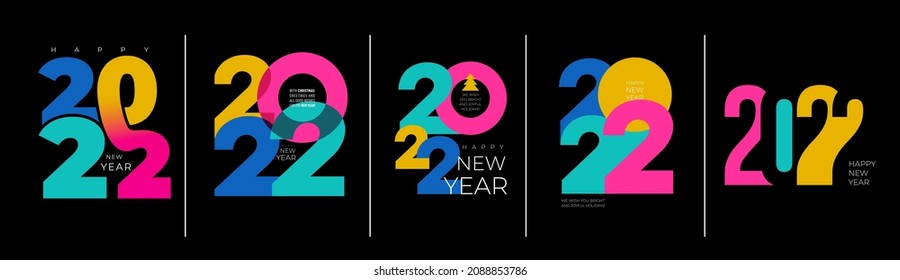 2022 New Year. Big set of creative concept design template with colorful logo 2022 for celebration and season decoration. Colored vector trendy background for branding, calendar, card, banner, cover.