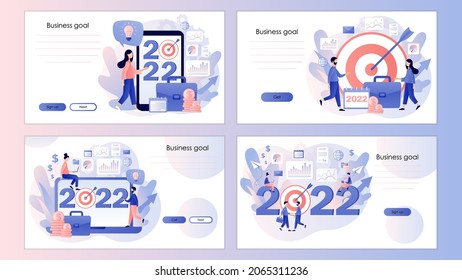 2022 New Year business goal. Tiny businessmen planning goals for next year. Achievement, success. Screen template for landing page, template, ui, web, mobile app, poster, banner, flyer. Vector