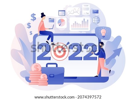 2022 New Year business goal.  Tiny people businessmen planning goals for next year online. Leadership, achievement, vision, success. Modern flat cartoon style. Vector illustration on white background