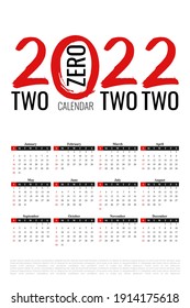 2022 new year calendar page. Diary desktop with abstract chinese calligraphy number 2022. Week Start Sunday. Business day and month planner template on white background. Vector mock up illustration