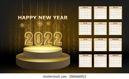 2022 New Year Calendar shiny gold color shiny numbers banner, stage podium. Week starts from Sunday. Realistic text flash light, golden particles, glitter, sparkles dust, black background. Vector