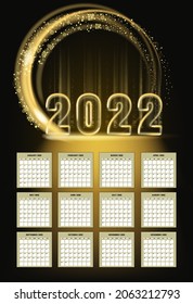2022 New Year Calendar shiny gold color shiny numbers banner, stage podium. Week starts from Sunday. Realistic text flash light, golden particles, glitter, sparkles dust, black background. Vector