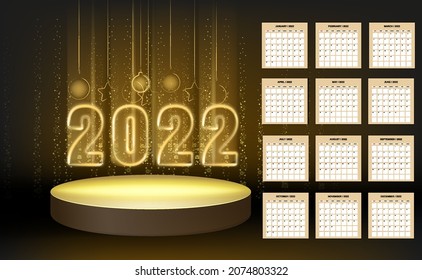 2022 New Year Calendar shiny gold color shiny numbers banner, stage podium. Week starts from Sunday. Realistic text flash light, golden particles, glitter, sparkles dust, black background. Vector