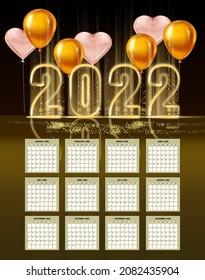 2022 New Year Calendar shiny gold color shiny numbers banner, stage podium, pink hearts balloons. Week starts from Sunday. Realistic text flash light, golden particles, glitter, sparkles dust, black