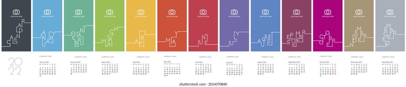 2022 New Year Calendar week starts monday Verticaline Font vector colorful landscape background