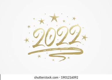 2022 new year card, banner. Beautiful greeting poster with calligraphy gold text word ribbon star. Hand drawn design elements. Handwritten modern brush lettering isolated background vector