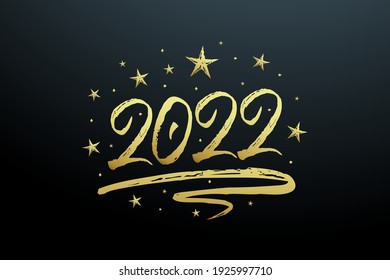 2022 new year card, banner. Beautiful greeting poster with calligraphy gold text word ribbon star. Hand drawn design elements. Handwritten modern brush lettering on black background isolated vector.