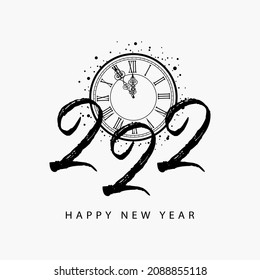 2022 new year card, banner. Beautiful greeting poster calligraphy text words clock chimes stars. Hand drawn design elements. Handwritten modern brush lettering on black background isolated vector